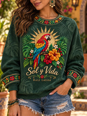Sudadera de cuello redondo con estampado floral de la cultura mexicana para mujer