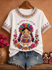 Camiseta México Folk Floral Art Printed para mujer