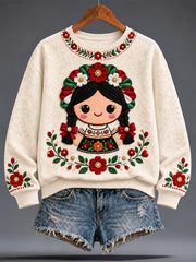 Sudadera con cuello redondo y estampado floral de la cultura mexicana para mujer