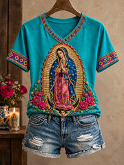 Camiseta estampada con diseño religioso para amantes de la fe, Día de Nuestra Señora de Guadalupe, para mujer