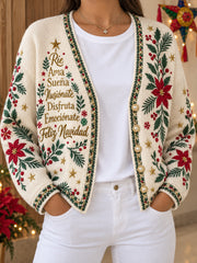 Cárdigan estampado de Navidad con la frase "Feliz Navidad" en español para mujer