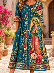 Fiesta de Nuestra Señora de Guadalupe México de las mujeres vestido de lino impreso