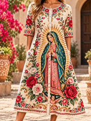 Fiesta de las mujeres de Nuestra Señora de Guadalupe México Arte Impreso vestido de lino
