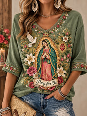 Mujer Fiesta de Nuestra Señora de Guadalupe México Patrón Lino V-cuello camisa