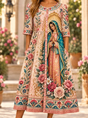 Vestido de lino estampado con la imagen de Nuestra Señora de Guadalupe, México, para mujer