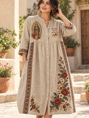 Vestido casual de algodón-lino con estampado artístico mexicano de la Fiesta de Nuestra Señora de Guadalupe para mujer