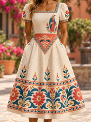 Vestido elegante por la rodilla con cuello en V y estampado artístico mexicano de la Fiesta de Nuestra Señora de Guadalupe para mujer