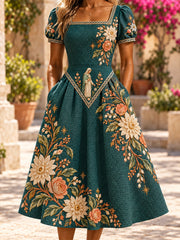 Vestido midi elegante con estampado artístico mexicano de la Fiesta de Nuestra Señora de Guadalupe para mujer