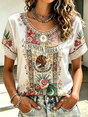 Women's Mexico Art Printed Linen T-shirt