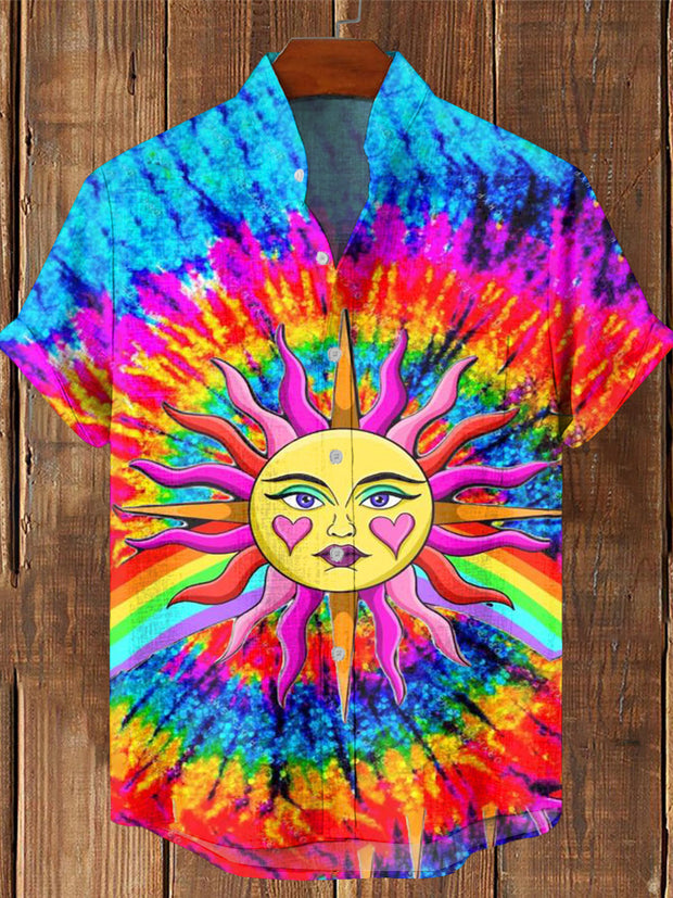 Men's Retro Hippie Colorful Sun Art Printed Casual Cotton Short Sleeve Shirt