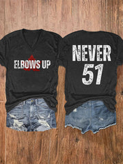 Women's Elbows Up Never 51 Printed V-Neck Shirt