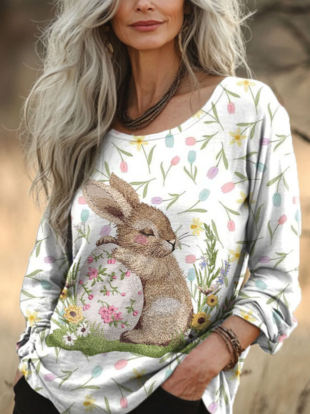 Women's Easter Floral Bunny Art Printed Top