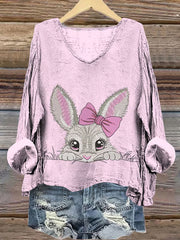 Women's Easter Bunny Print Casual Linen V Neck Long Sleeve Shirt