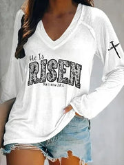 Women's Easter He Is Risen Print V-Neck Long Sleeve T-Shirt