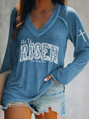 Women's Easter He Is Risen Print V-Neck Long Sleeve T-Shirt