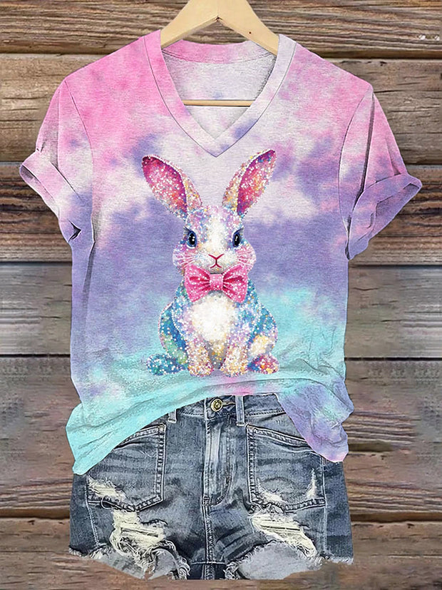 Women's Easter Glitter Bunny Print V-Neck Short Sleeve T-Shirt