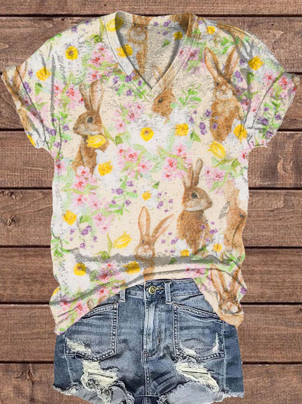 Women's Eatser Bunny Art Floral Printed Shirt