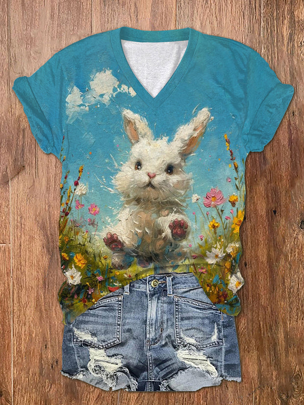 Women's Easter Bunny Floral Art Print T-Shirt