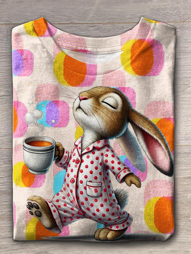 Women's Easter Bunny Print Round Neck Short Sleeve T-Shirt