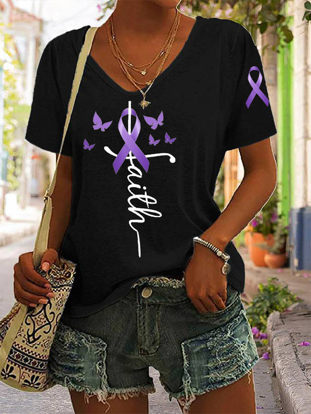 Women's Purple Ribbon Faith Alzheimer's Awareness Supporter V-Neck Tee