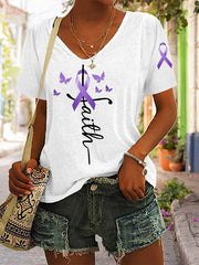 Women's Purple Ribbon Faith Alzheimer's Awareness Supporter V-Neck Tee