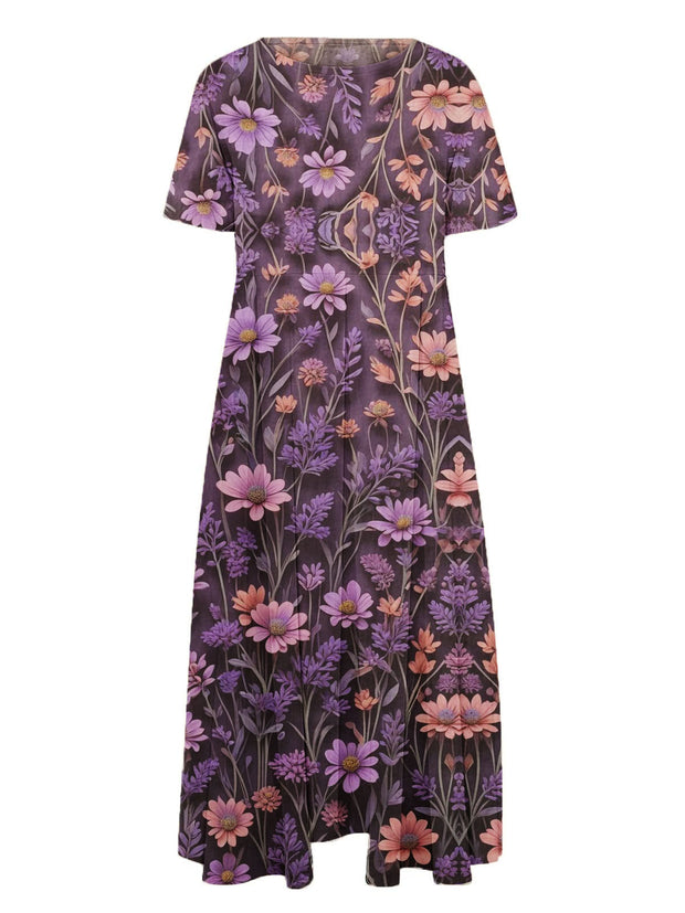 Women's Purple Floral Printed Loose Casual Dresses