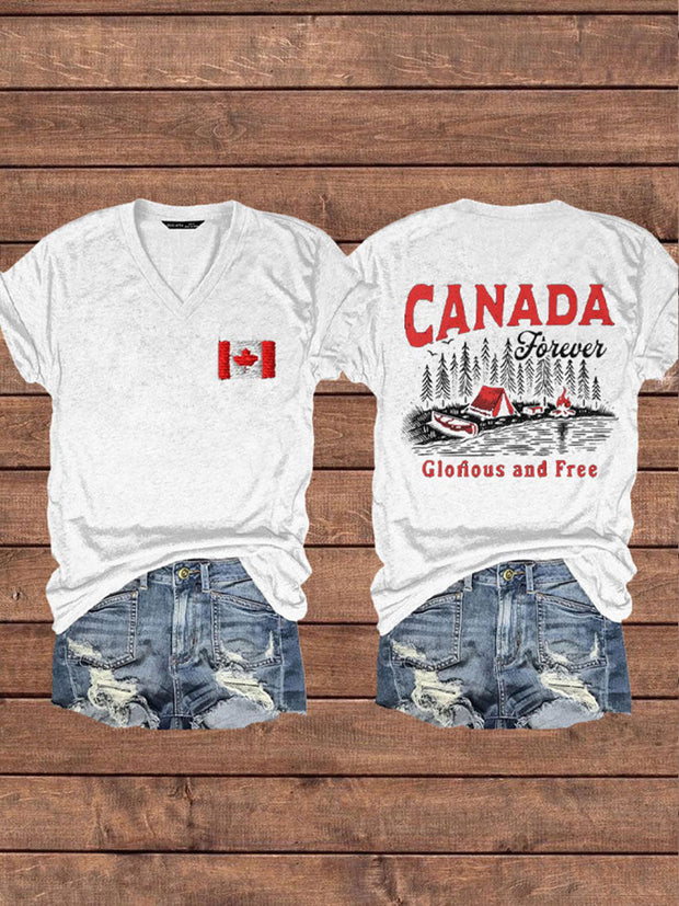 Women's Canada Gloruous And Free Printed V-neck Shirt