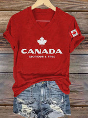 Women's Canada Glorious And Free Printed V-neck Shirt