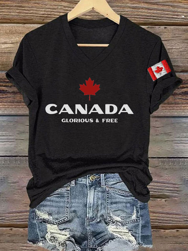 Women's Canada Glorious And Free Printed V-neck Shirt