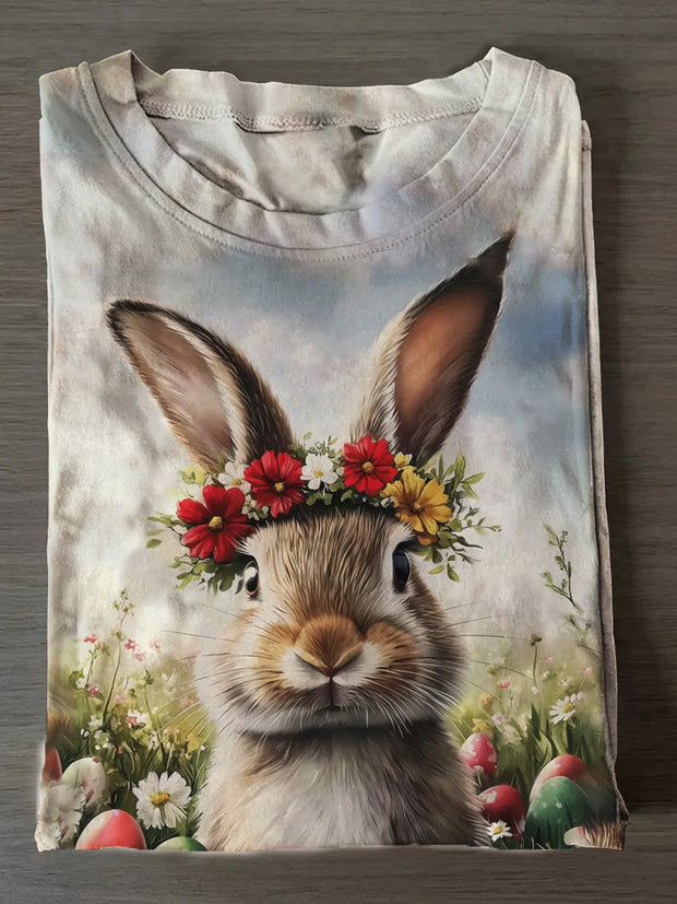 Women's Easter Bunny Print Crew Neck T-Shirt