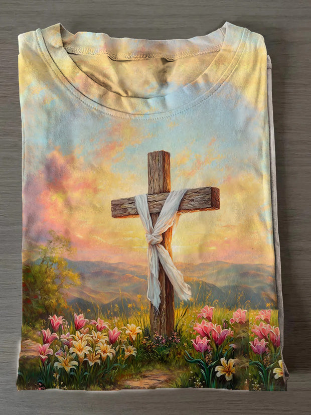 Women's Easter Jesus Cross Printed Crew Neck T-Shirt