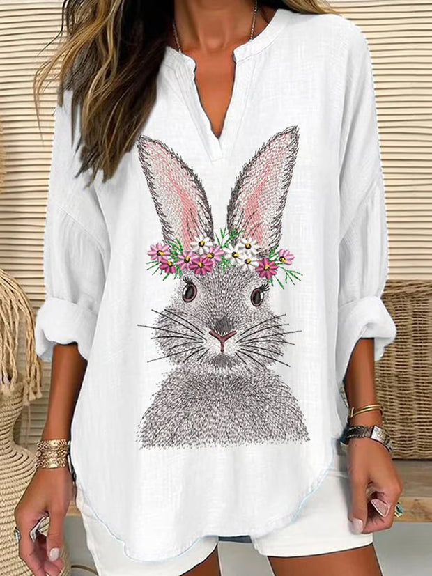 Women's Easter Cute Bunny Print V-Neck Long Sleeve Cotton Linen Shirt