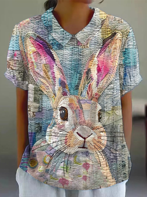 Women's Eatser Cute Bunny Pattern Printed Short  Sleeve Cotton Linen Shirt