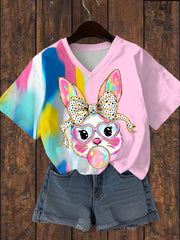 Women's Easter Colorful Bunny Printed V-neck T-shirt