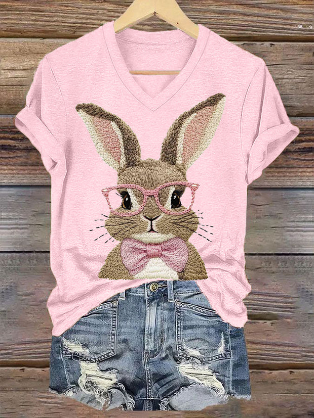 Women's Cute Bunny Happy Easter Casual V-Neck Tee