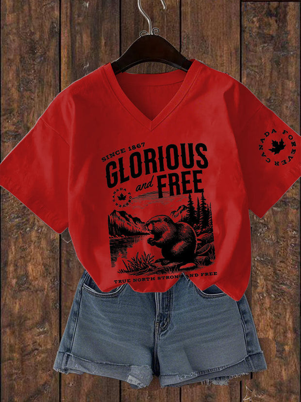 Women's Canada Glorious And Free Printed V-neck T-shirt