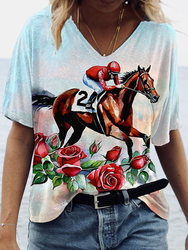 Women's Derby Horse Print V Neck T-Shirt