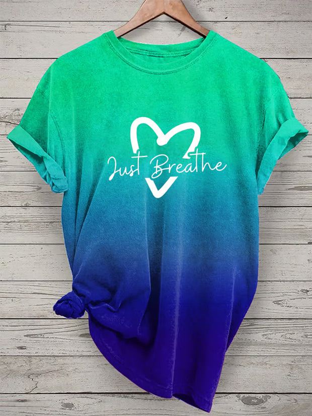 Women's Just Breathe Mental Health Printed O-Neck Short Sleeve Shirt