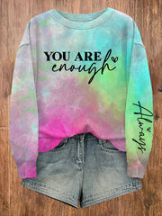 Women's Mental Health Awareness You Are Enough Printed O-Neck Casual Loose Long Sleeve Sweatshirt