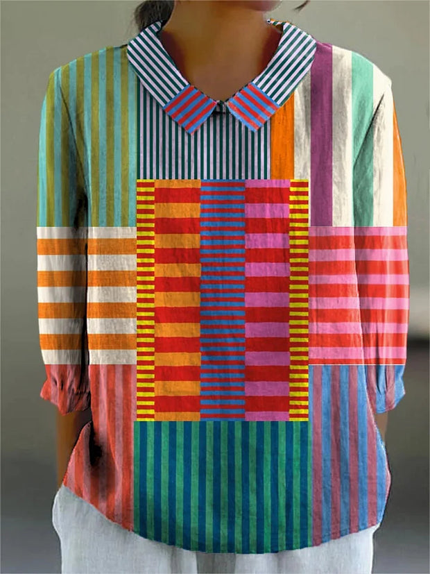 Women’s Colorful Patchwork Striped Cotton Linen 3/4 Sleeve Blouse