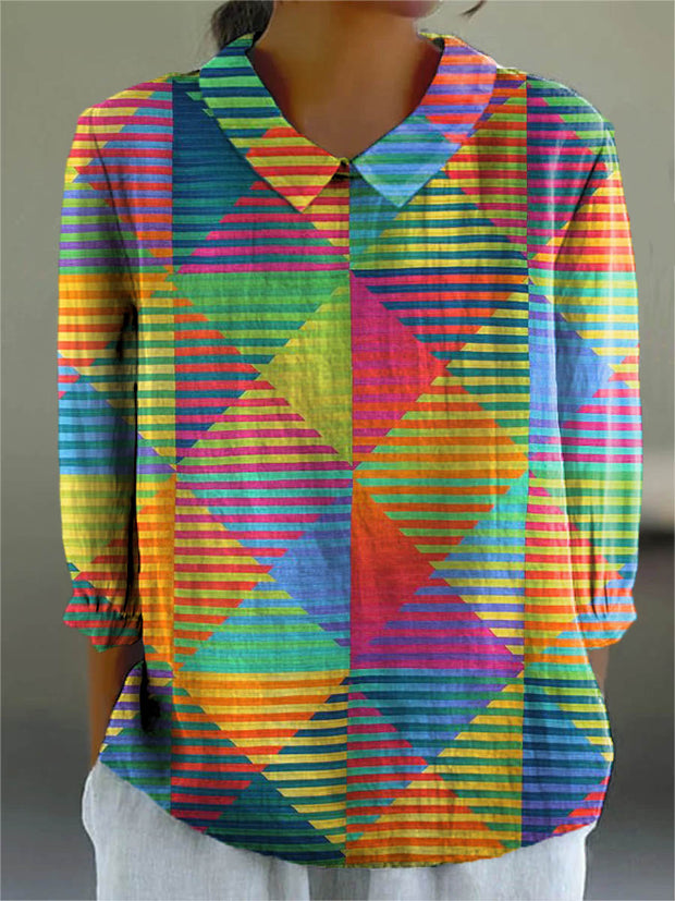 Women's Abstract Geometric Pattern Art Print Casual Cotton And Linen 3/4 Sleeve Shirt