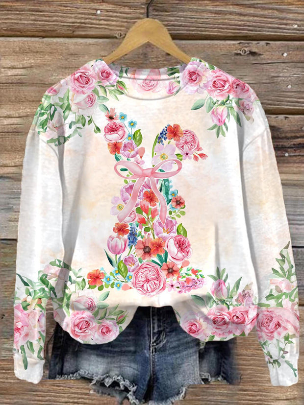 Women's Floral Easter Bunny Printed Casual Long Sleeve Top Sweatshirt