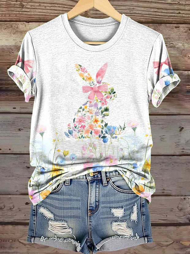 Women's Easter Spring Floral Short Sleeve Round Neck T-Shirt