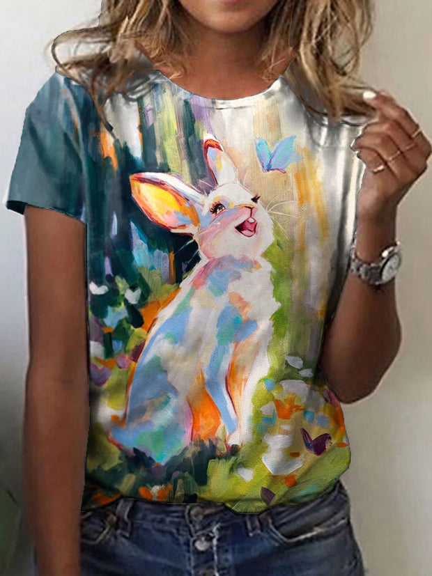 Women's Eatser Cute Bunny  Printed O-Neck Short Sleeve T-Shirt