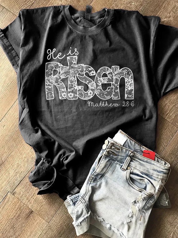 Women's Easter He Is Risen Lace Art Print Short Sleeve T-shirt