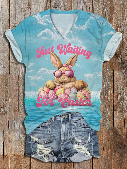 Women's Just Waiting For Easter Day Cute Rabbit Print V-Neck T-Shirt