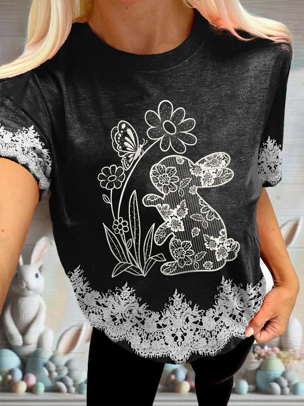 Women's Easter Lace Art Print Short Sleeve Round Neck T-shirt