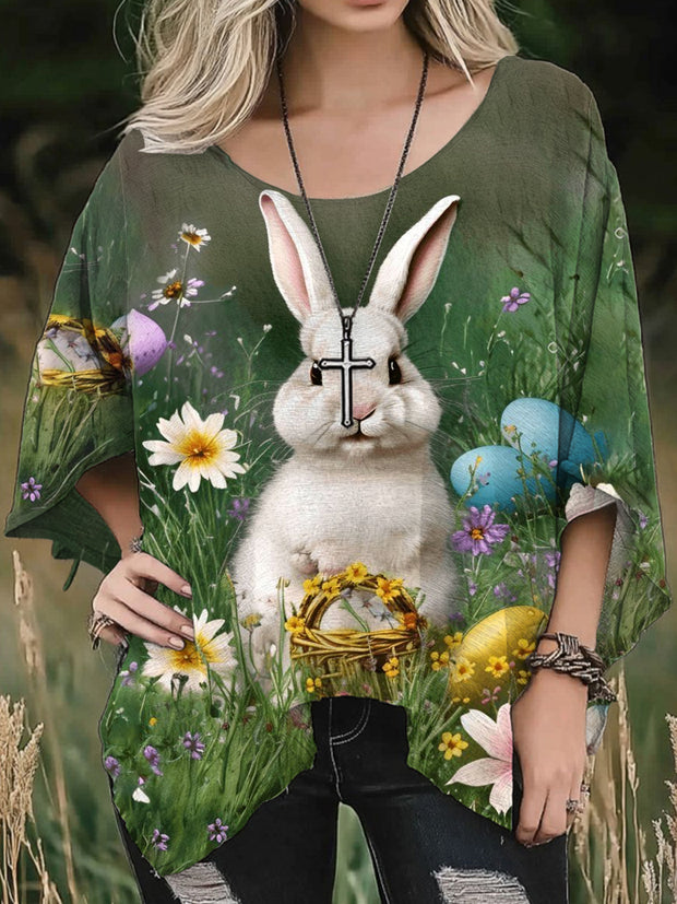 Women's Easter Eggs Cute Bunny Print Casual Loose Shirt