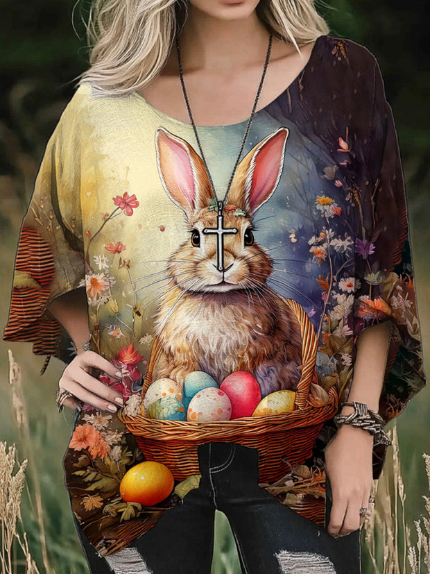 Women's Vintage Easter Eggs Cute Bunny Print Casual Loose Shirt