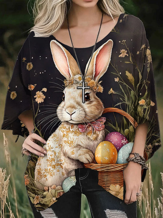 Women's Vintage Easter Eggs Cute Bunny Print Casual Loose Shirt